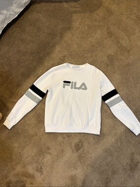 FILA Women’s White Crewneck Sweatshirt with Grey Logo and Sleeve Stripes